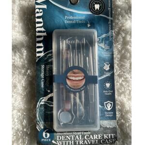 Manthm Stainless Steel Dental Tools Kit 6 Piece With Travel Case Oral Care NEW